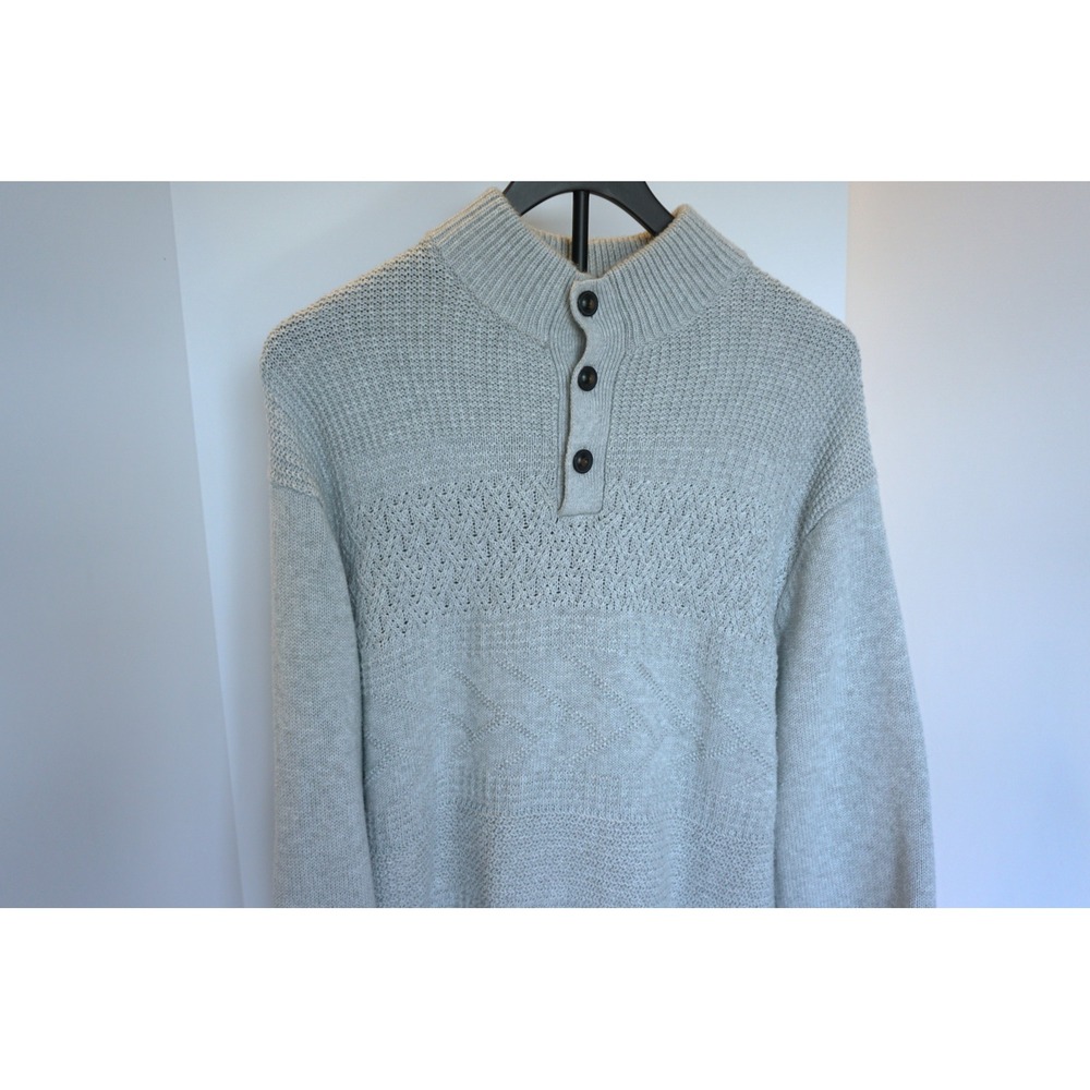 Chaps Mens XL Gray Cotton Knit Mock Neck Button Henley Textured Pullover Sweater
